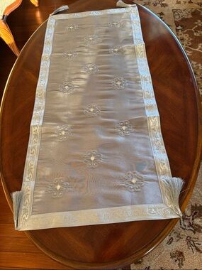 Silver Embroidered Table Runner with Tassels and Three Table Topper Set of 4